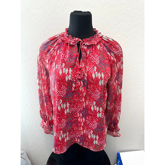 LOFT | Petite Red Garden Floral Ruffle Semi Sheer Long Sleeve Blouse | Small - Picture 3 of 7